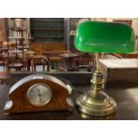 Modern brass banker's/desk lamp with green glass shade together with an Edwardian mahogany inlaid
