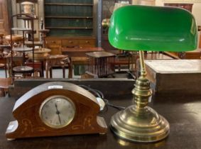 Modern brass banker's/desk lamp with green glass shade together with an Edwardian mahogany inlaid