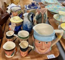 Tray of ceramics to include: Pickwick Series 'Mr Winkle' character jug, other character jugs, a