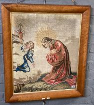 19th century Berlin wool work tapestry panel, religious scene. Bird's eye veneered glazed frame with