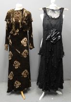 1930's velvet devoure rose pattern dress and matching bolero, together with a 1920's/30's tiered