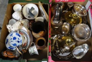 Box of metalware to include: silver plated wine coasters, three part coffee set, candlesticks, gravy