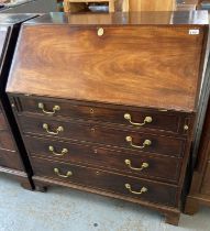 George III mahogany fall front bureau, having herringbone design, the interior with fitted drawers