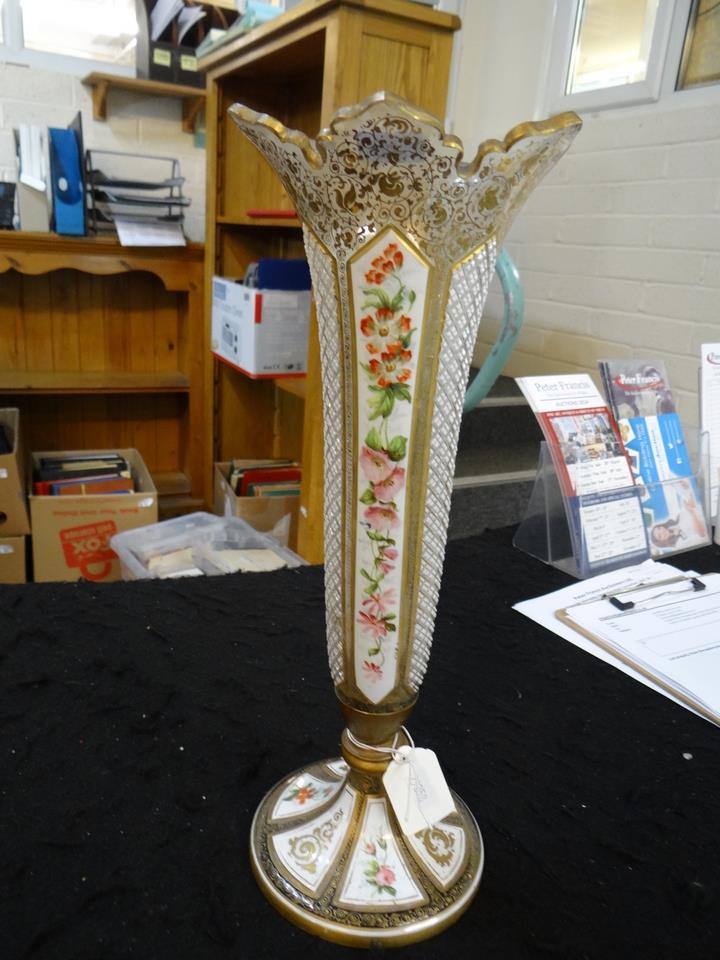 Victorian Bohemian glass overlay trumpet vase with hand painted painted panels of flowers and - Image 4 of 9