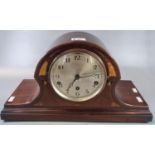 Edwardian inlaid mahogany hat shaped three train mantle clock. 25cm high approx. (B.P. 21% + VAT)