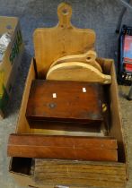 Box of wooden items to include: three chopping boards, two empty canteens of cutlery and a wooden