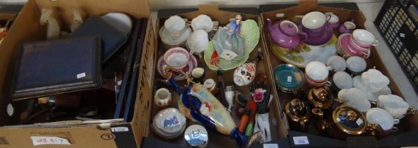 Three boxes of assorted items to include: Adderley teacups and saucers, Crown Ducal ware breakfast