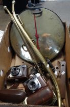 Box of assorted items to include: brass haines, vintage cameras; Ilford Sportsman Prontor 125 and