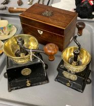 George III rosewood tea caddy together with two vintage style coffee grinders. (3) (B.P. 21% + VAT)