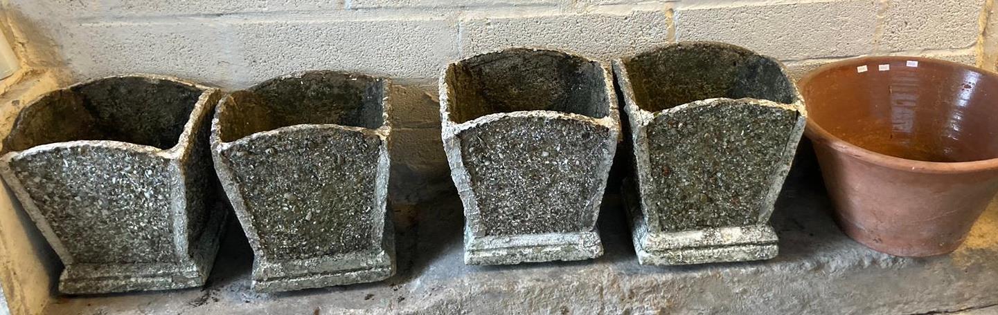 Group of four reconstituted stone square shaped planters, together with a traditional Welsh