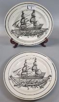 Pair of 19th century Dillwyn Swansea transfer printed black and white ship's plates. 22cm diameter