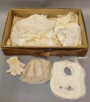 Box of vintage children's and babies fashion accessories to include: lace and embroidered bonnet,