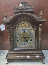 Early 20th century mahogany three train gilt metal mounted bracket clock. 47cm high approx. (B.P.