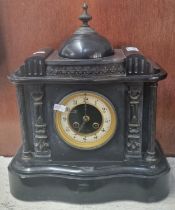 Late Victorian black slate and marble two train architectural mantle clock. 39cm high approx. (B.