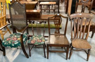19th century oak farmhouse camel back chair together with an elm slat back chair and two other