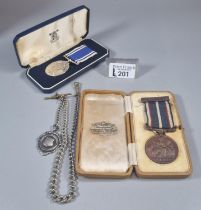 Silver curb link T bar pocket watch chain with silver fob together with a Police Long Service and