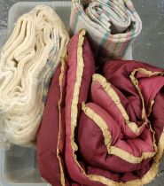 Box of textiles to include: two vintage woollen blankets; one check, one striped with 'For