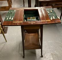 Edwardian mahogany inlaid ladies work box, the interior revealing assorted accessories above an