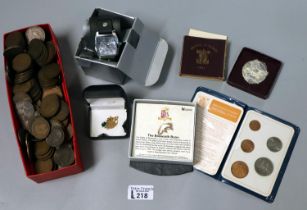 Box comprising assorted GB coinage together with a Timex gents watch, plated chain and pendant