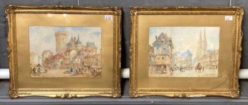 Pierre le Boeuff (French, flourished late 19th century), French market square scenes, a pair,