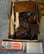 Box of assorted items to include: a boxed Pifco electric trouser presser, a vintage Aldis slide