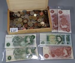Wooden box comprising a collection of Ten Shilling Notes, One Pound Notes and coins. (B.P. 21% +