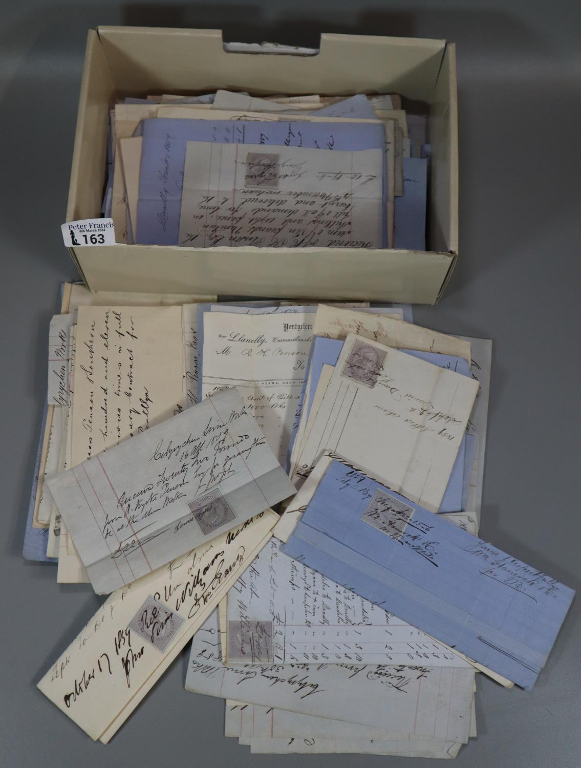 Box comprising Victorian receipts dating from 1857 to 1859, with stamps to include: Pontyclerc