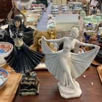 Modern resin Art Deco study of a dancing girl on simulated marble base together with a plaster