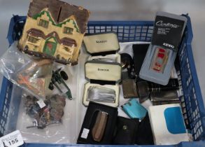 Plastic box of items to include: Dr Barnardo's Homes moneybox, wooden jigsaw piece, lead figurines