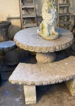 Good quality carved and polished granite garden circular pedestal table with a pair of matching