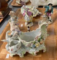Tray of mainly continental figurines, probably German together with a miniature Royal Crown Derby