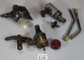 Tin box comprising early bicycle parts, including: Lucas Bullseye bicycle light/lamp and two early