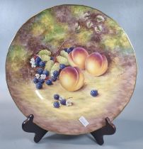 Porcelain hand painted cabinet plate with still life peaches and blackberries, signed S. P.