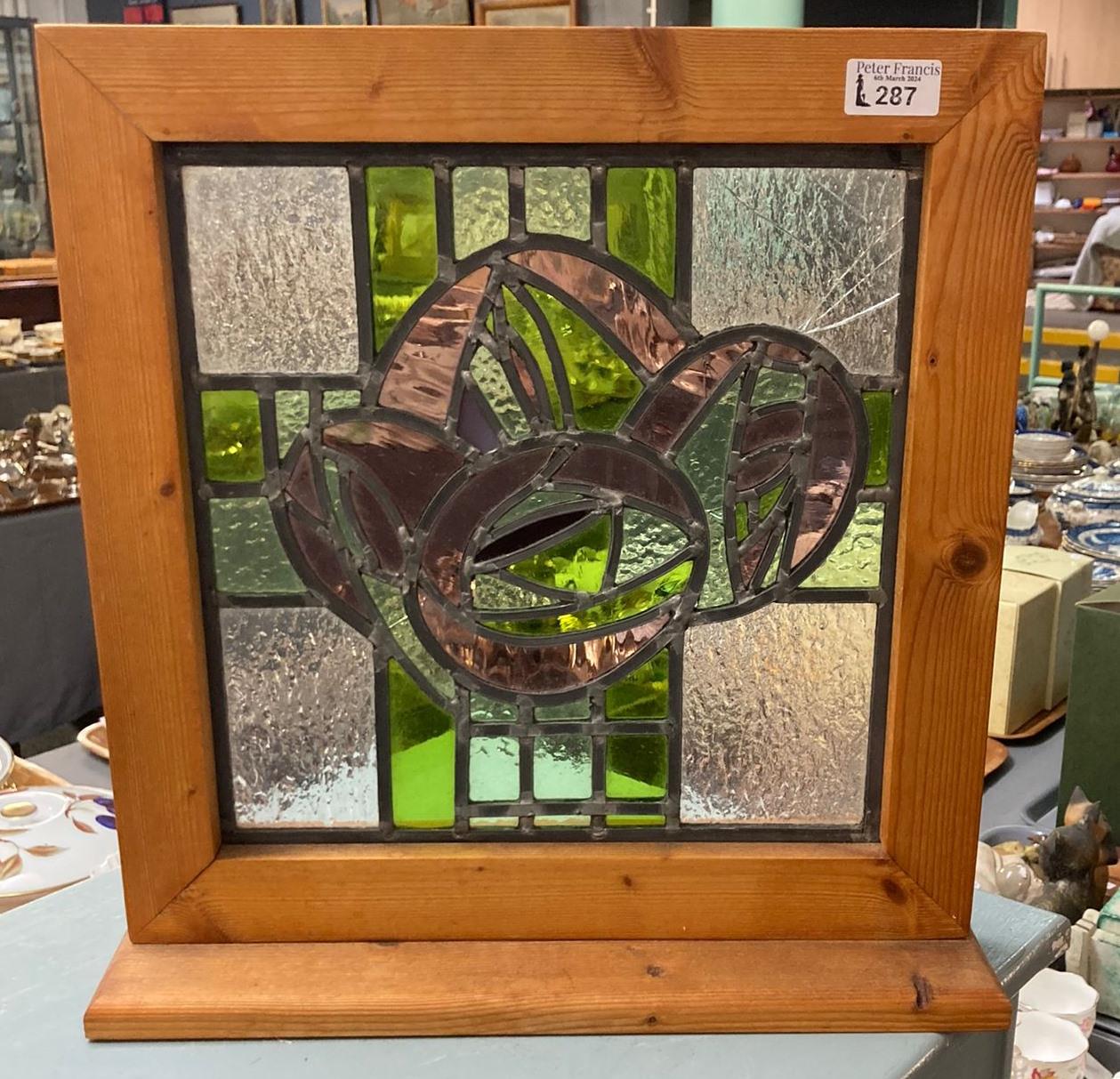 Stained glass and leaded window in pine frame. (B.P. 21% + VAT)