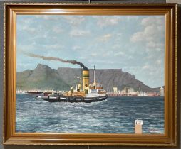 Keith Thomas, study of a Tug off Cable Mountain , Cape Town, signed and dated '94. Oils on board.