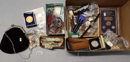 Box of oddments to include: costume jewellery, various coins, fountain pens with 14K nibs, vintage