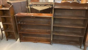 Early 20th century oak open bookcase together with a pine open bookcase and another oak narrow