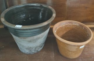 Vintage terracotta dairy pan together with another terracotta pan. (2) (B.P. 21% + VAT)