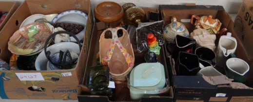 Three boxes of mostly china to include: brewerania jugs, various vases, novelty teapots, Murano