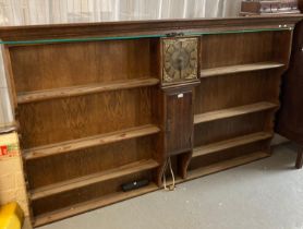 Oak dresser rack with inset 18th century brass faced thirty hour clock movement, striking on two