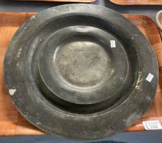 Large 18th century pewter charger together with two smaller chargers/dishes. (3) (B.P. 21% + VAT)