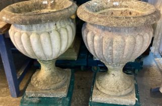 Large pair of reconstituted stone fluted garden pedestal urns. 72cm high approx. (2) (B.P. 21% +
