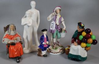 Four Royal Doulton bone china figurines to include: 'The Old Balloon Seller', 'The Judge', '