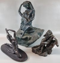 Collection of modern bronze figure group and art sculptures, two of nude loving couples, the other a