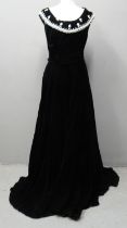 Full length 1950's black velvet dress by Perlmutt Model, with beaded and faux pearl embellished