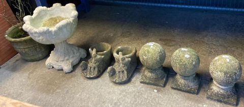 Group of assorted reconstituted stone garden items to include: three ball finials, two novelty