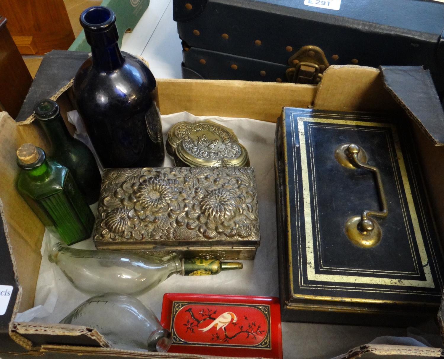 Box of assorted items to include: enamelled metal money boxes, ink blotter, glass miniature feeder