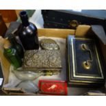 Box of assorted items to include: enamelled metal money boxes, ink blotter, glass miniature feeder