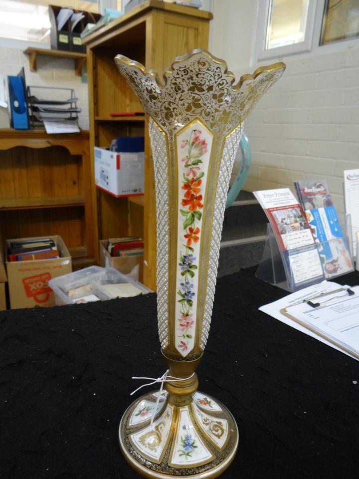 Victorian Bohemian glass overlay trumpet vase with hand painted painted panels of flowers and - Image 5 of 9