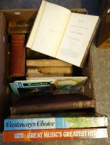 Two boxes of assorted items to include: Readers Digest vinyl LPs, antiquarian leather bound and